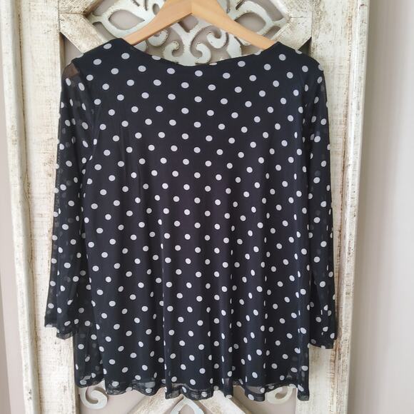 Notations Women's 3/4 Sheer Sleeve Open Drape Embellished Top in Black Polka Dot - Picture 9 of 9
